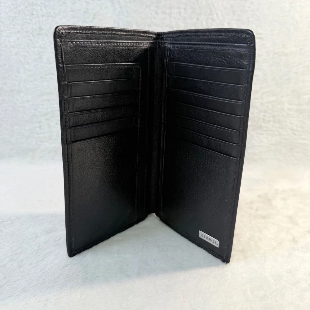 George Vintage Long Bifold Wallet Mens OS Black Genuine Leather Slim 12 Slot